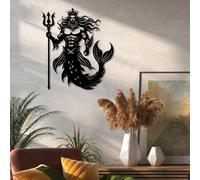 OUKMXSY Merman King Metal Wall Art - 13.7x15.7 Inch Mythological Coastal Decor with Poseidon Trident, Intricate Iron Nautical Sculpture for Living Room, Beach House - Unique Housewarming Gift for Oc