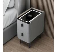 OUKMXSY Modern Leather Smart Nightstand with Wireless Charging Station Narrow Glass Tabletop Slim Bedside Table Skinny LED Light for Small Spaces(Dark Grey,25cm/9.8in)