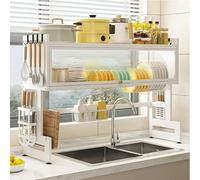 OUKMXSY Over-The-Sink Dish Drying Rack with Sliding Door Organizer for Plates Bowls & Utensils Kitchen Countertop Rack Space Saving(White)