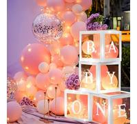 OUKOVOL Baby Shower Decorations Kit - 4Pcs DIY Boxes, 30 Balloons (15 Blue, 15 White), 4 LED Lights, Numbers 0-9, 'ONE+BABY' Letters for Boys/Girls, Gender Reveal/Birthday Party Decor