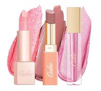 Oulac Pink Liptick Set | Satin Matte Lipstick, Shimmer Lip Balm, Metallic Lip Gloss & Eyeshadow | Moisturising, Long Lasting & Weightless | Vegan, High-Pigment (SG06+D08+MD08)