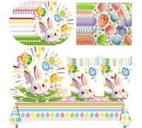 OULCLKH 51 pcs Easter Party Tableware, Easter Party Table Decorations, Easter Egg Printed Tableware - Plates Paper Cups Tissues Tablecloths Blue Bunny Theme Tableware