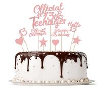 Ouligay 13th Happy Birthday Cake Topper Set 13 Birthday Official Teenager Boy Girl Cake Decorations with Glitter Stars and Hearts for Teenager Birthday Party Supplies (Rose Gold)