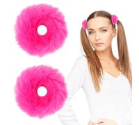 Ouligay 2 Pcs Furry Hot Pink Scrunchie,Pom Pom Hair Ties No Damage,Furry Hair Bands,Elastic Ponytail Holders,Pink Hair Accessories for Women Girl Ponytail Bun Hairstyle