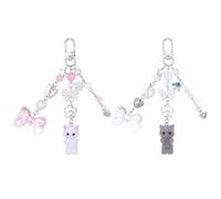 Ouligay 2 Pcs Fuzzy Cat Keychain,Cute Key Chain Charms,Kawaii Matching Keychains with Bow,Fuzzy Kitty Cat Decor for Cat Lover,Aesthetic Y2k Keychain Gift for Women Backpack Purse(Gray White)