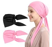 Ouligay 2PCS Black Hijab Undercap Pink Adjustable Tie Back Islamic Muslim Under Hijab Cap Breathable Modal Elastic Head Wraps for Women Swim Hijabs Turban for Girls Makeup Sleep Shopping