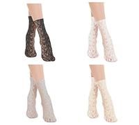 Ouligay 4PCS Women's Lace Socks Mesh Loose Ankle High Sheer Fishnet Thin Short Slouch for Women and Girls, orange pink, white, gray, black