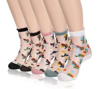 Ouligay 5 Pairs Sheer Ankle Socks for Women and Girls Summer Transparent Thin Lace Socks Ruffle Sheer Socks Vintage Floral Nylon Socks Mesh See Through Sexy Sock