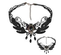 OULIGET Gothic Black Lace Choker Necklaces Arm Cuff for Women,Vintage Punk Style Halloween Collar Necklaces,Adjustable Bracelet Lolita Tassel Jewelry Set,2 Pieces, M, Plastic, No Gemstone