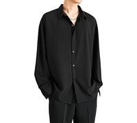 OULIWANGLUO Men Lapel Loose Chiffon Drape Shirt Slim Fit Non-Iron Straight Collar Dress Shirt Collar Button Cuff Dress Shirt (Black,L)