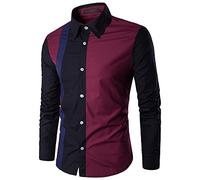 OULIWANGLUO Men Pointed Collar Long Sleeve Splicing Shirts Casual Contrast Button Shirt Constrast Slim Printed Party Shirts (Wine Red,XXL)
