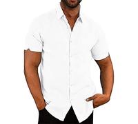 OULIWANGLUO Men Summer Lapel Solid Color Short Sleeve Top Linen Casual Beach Button Shirts Cotton Spread Collar Beach Shirt (White,XL)