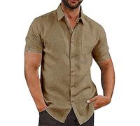 OULIWANGLUO Men Summer Lapel Solid Color Short Sleeve Top Linen Casual Beach Button Shirts Cotton Spread Collar Beach Shirt (Dark Khaki,XL)