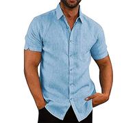 OULIWANGLUO Men Summer Lapel Solid Color Short Sleeve Top Linen Casual Beach Button Shirts Cotton Spread Collar Beach Shirt (Light Blue,XL)