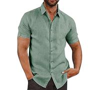 OULIWANGLUO Men Summer Lapel Solid Color Short Sleeve Top Linen Casual Beach Button Shirts Cotton Spread Collar Beach Shirt (Dark Green,XL)
