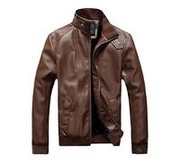 OULIWANGLUO Men's Casual Leather Slim Motorcycle Jacket Faux Leather Jacket Vintage Stand Collar Fit PU Leather Biker Jacket (Brown,L)