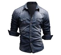 OULIWANGLUO Men's Classic Long-Sleeved Denim Shirt Button Down Washed Denim Shirt Lapel Denim Shirt Casual Slim Fit (Dark Blue,L)