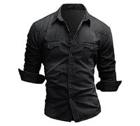 OULIWANGLUO Men's Classic Long-Sleeved Denim Shirt Button Down Washed Denim Shirt Lapel Denim Shirt Casual Slim Fit (Black,L)