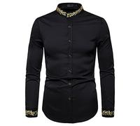 OULIWANGLUO Men's Collarless Long Sleeve Fashion Embroidered Shirt Hipster Slim Fit Gold Embroidery Casual Dress Shirts