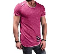 OULIWANGLUO Men's Distressed Ripped Crewneck Tee Shirts Ripped Solid Color T-Shirt Slim Fit Casual Short Sleeve Hip Hop Tees (Rose Red,M)