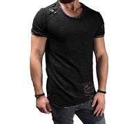 OULIWANGLUO Men's Distressed Ripped Crewneck Tee Shirts Ripped Solid Color T-Shirt Slim Fit Casual Short Sleeve Hip Hop Tees (Black,L)