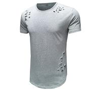 OULIWANGLUO Men's Hole Slim Round Neck T-Shirt Solid Color Hollow Short Sleeve Cotton Pullover Top (Gray 1pc,L)