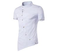 OULIWANGLUO Men's Oblique Collarless Shirt with Irregular Hem Gold Embroidery Design Slim Fit Shirts Hipster Dress Shirts (White,M)