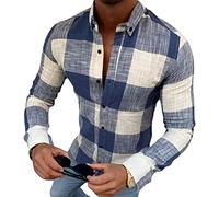 OULIWANGLUO Men's Plaid Collar Button Long Sleeve Casual Shirt Plaid Slim Fit Button Down Dress Shirts Fashion Summer Shirt (Dark Blue,L)