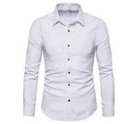 OULIWANGLUO Men's Polka-Dot Printed Contrast Casual Shirt Easy Care Regular Fit Long Sleeve Printed Shirt Slim Fit Shirt (White,L)