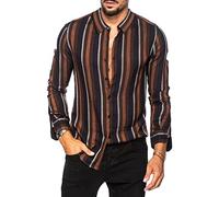 OULIWANGLUO Men's Striped Multicolor Shirt Pinstriped Lapel Casual Long Sleeve Shirt Fashion Colorful Stripe Button Shirt (Brown,XXL)