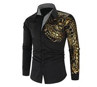 OULIWANGLUO Men's Totem Gold Printed Long Sleeve Shirt Hipster Slim Fit Button Up Party Dress Shirts Gold Shiny Stylish Shirt (Black,M)