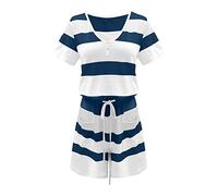 OULIWANGLUO Women Casual Button Striped Jumpsuit Shorts Drawstring Shorts Jumpsuit Loungewear Short Sleeve 1 Piece Rompers (Dark Blue,XL)