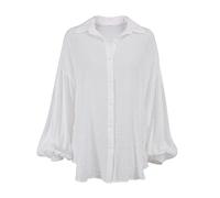 OULIWANGLUO Women's Casual Perspective Lantern Sleeve Shirt Button Down Balloon Sleeve Shirts Elegant Solid Color V Neck Shirt (White,L)