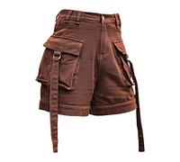 OULIWANGLUO Women's Casual Pocket Shorts Denim Cargo Denim Multi Pocket Cargo Shorts Hiking Wide Straight Leg Jeans Shorts (Reddish Brown,S)