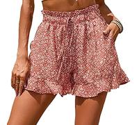 OULIWANGLUO Women's Drawstring High Waist Floral Print Shorts High Waist Print Ruffled Loose Fit Boho Beach Shorts (Red,M)