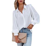 OULIWANGLUO Women's Lantern Sleeve Pleated Loose Shirt Casual Solid Color V Neck Blouse Tops Lapel Button Down Puffed Sleeves Shirt (White,M)
