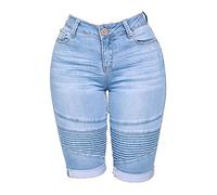 OULIWANGLUO Women's Stretch Moto Biker Skinny Jeans Shorts Knee Length Curvy Stretch Short Jeans Sexy Butt Lift Denim Shorts (Blue,XL)