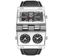Oulm 9525 Mens Watch Analog Black Leather Strap 3 Sub-dials, Black, Quartz Movement