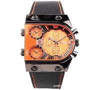 OULM Men's Military Oversize Multi TimeZones 3 Dials Leather Analog Sports Wrist Watch HP9315B Black Band Orange Face
