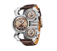 Oulm Three Time Display Quartz Mens Military Army Sport Wrist Watch Brown Leather