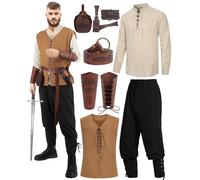 Oumbivil 8 Pcs Mens Renaissance Costumes Medieval Pirate Set Adult Halloween Costume Shirt Viking Vest Ankle Strap Pants with Accessories Sheath Leather Belt Arm Guards Pouch Bracelet OU094L