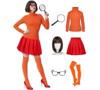 Oumbivil Adult Halloween Costumes Set for Women with Shirt Skirt Wig Glasses Socks Accessories for Costume Dress Up OU060-XXL