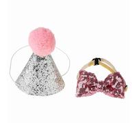 Oumefar 2Pcs Cute Pet Dog Cat Birthday Caps Bowknot Pet Birthday Gift Cone Hat Crown Bow Tie Collar Set for Pets Birthday Party(Pink)