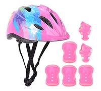 Oumefar 7pcs Kids Helmet Set Knee Pads, Kids Skating Protective Gear Set Safety Helmet Knee Elbow Wrist Pad for 3~10yrs Boys Girls (Pink Flower)