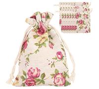 Oumefar Gift Bags, 50pcs Drawstring Burlap Bags Drawstring Floral Linen Bag Roses Pattern Jewelry Pouches Sacks for Christmas Wedding Party Gift Packaging
