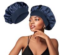 Oumida Silk Satin Hair Bonnet Sleeping Bonnet Hair Wrap Wide Elastic Band Satin Cap for Women Men Elastic Soft Cap Headwear (Navy Blue)