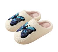 OUMSHBI Embroidery Butterfly Slippers Women Fleece Lined Memory Foam Bedroom House Footwear Harajuku Closed Toe Slip On Winter Warm Indoors Ladies Shoes Aesthetic Non-Slip Womens Slippers