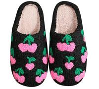 OUMSHBI Fleece Lined Slippers Womens Cherry Printed Memory Foam Bedroom House Footwear Lightweight Closed Toe Slip On Winter Warm Indoors Ladies Shoes Aesthetic Non-Slip Women Slippers