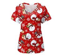 OUMSHBI Health Scrub Tops for Women UK Plus Size Christmas Santa Womens Short Sleeve V Neck Printed Top Nurses Working T Shirts Blouse With Pockets Medical Scrub Top Women Working Workwear Red