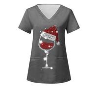 OUMSHBI Nursing Workwear for Nurses UK Women's Scrubs Uniforms Ladies Casual Christmas Print Short Sleeve Loose Caring Workwear With Pockets Holiday Xmas Blouse Women's Workwear Tops Grey